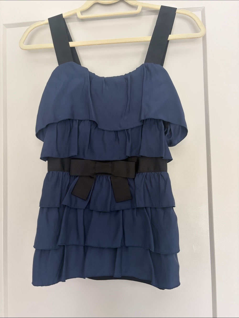Bordeaux Navy Tiered Ruffle top with Black Bow Size S